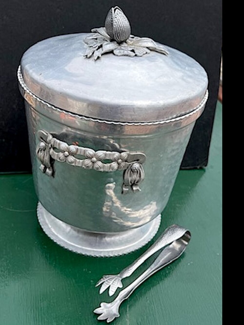 50's Rodney Kent Hammered Aluminum Tulip Finial Ice Bucket w/ Bird Claw Ice Tong
